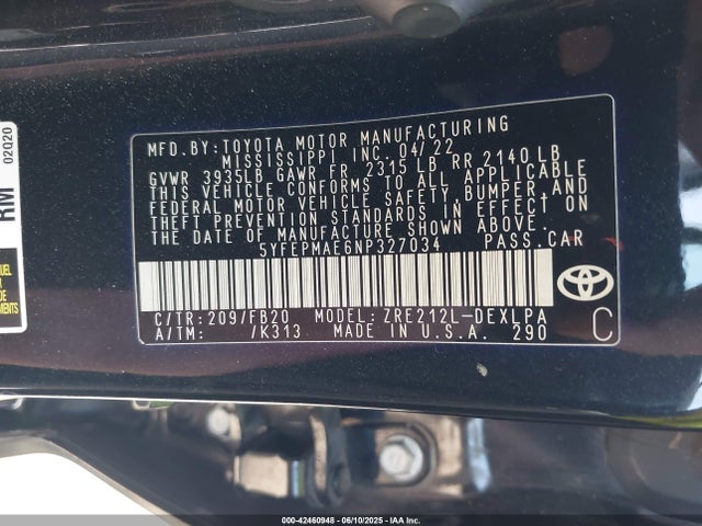 5YFEPMAE6NP327034 Toyota 2zr-fae