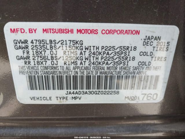 JA4AD3A30GZ022258 Mitsubishi Outlander Sel