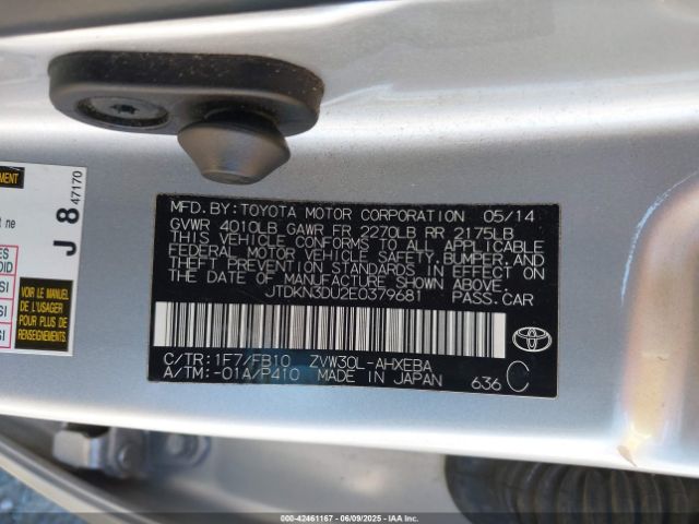 JTDKN3DU2E0379681 Toyota 2zr-fxe+3jm