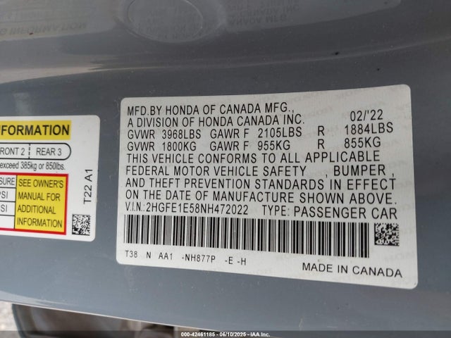 Honda l15ca 2022 2HGFE1E58NH472022 Image 9