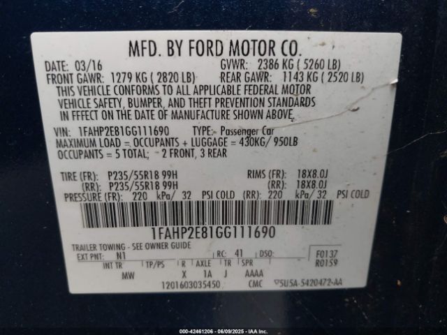 1FAHP2E81GG111690 Ford TAURUS SEL