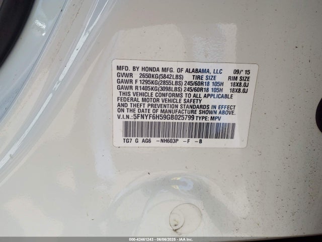 5FNYF6H59GB025799 Honda Pilot Ex-l