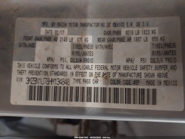 3MZBN1U78HM134848 Mazda pe