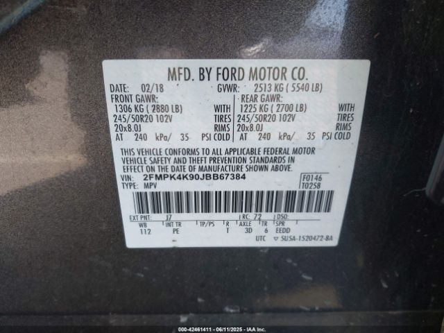 2FMPK4K90JBB67384 Ford 2.0l gtdi w/premium fuel