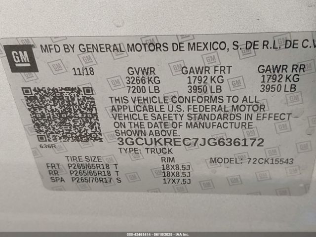 3GCUKREC7JG636172 Chevrolet l83 - sidi: spark ignited direct injection, vvt: variable valve timing, afm, e85 max, alum