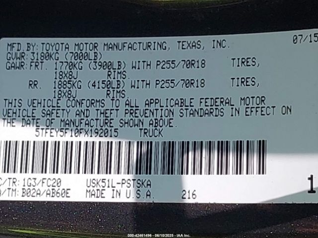 5TFEY5F10FX192015 Toyota Tundra Sr5 5.7l V8