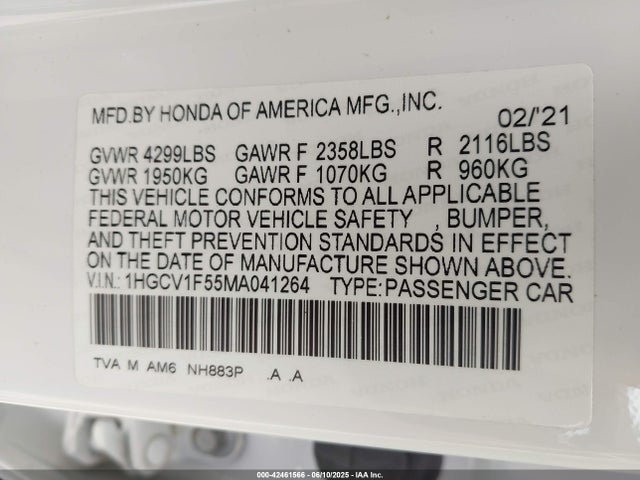 1HGCV1F55MA041264 Honda l15be