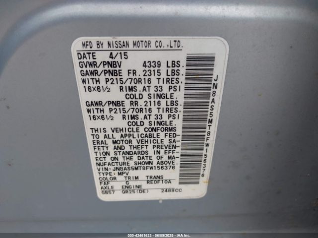 JN8AS5MT8FW156376 Nissan Rogue Select S