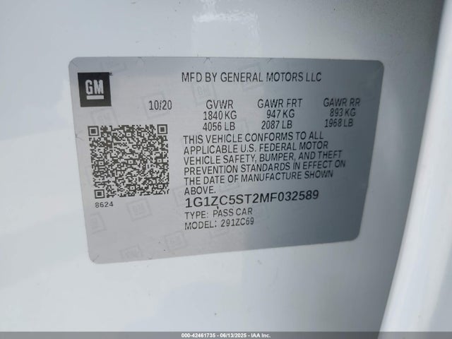 Chevrolet lfv - direct injection, variable valve timing, gen 1 gmna 2021 1G1ZC5ST2MF032589 Image 9