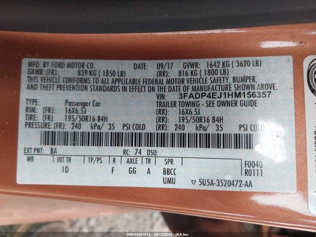 3FADP4EJ1HM156357 Ford 1.6l ti-vct premium fuel
