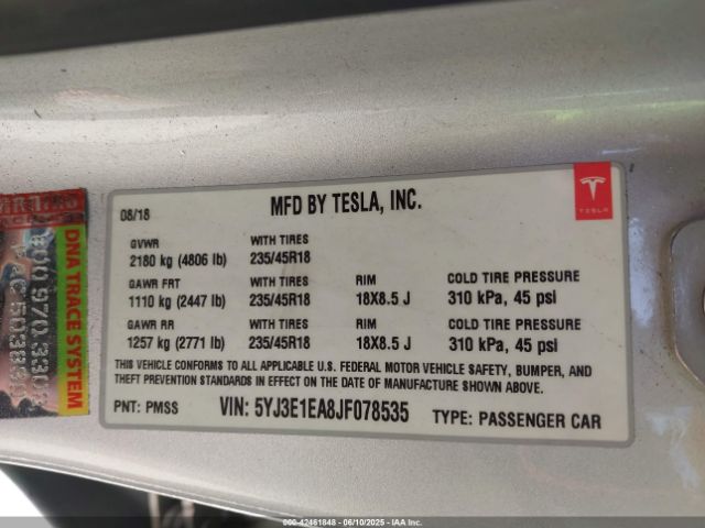 2018 TESLA MODEL 3 5YJ3E1EA8JF078535 Photo 8