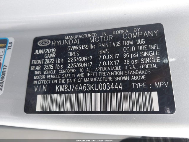 KM8J74A63KU003444 Hyundai 2019