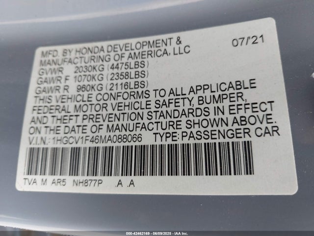 1HGCV1F46MA088066 Honda l15be