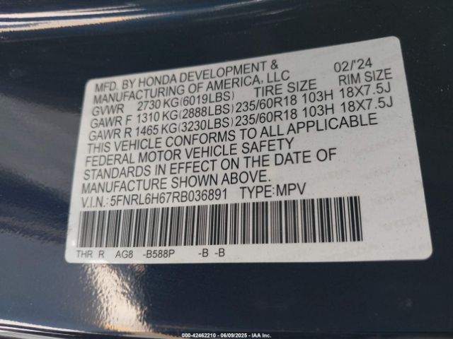2024 HONDA ODYSSEY 5FNRL6H67RB036891 Photo 8