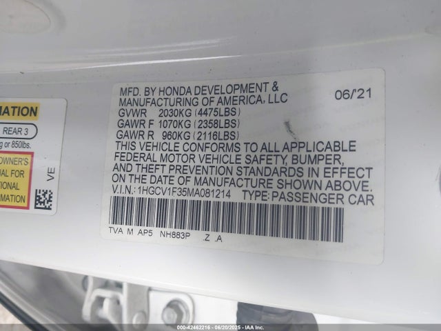 1HGCV1F35MA081214 Honda l15be