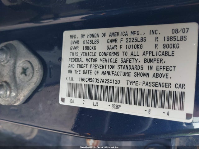 42462222 :رقم المزاد ، 1HGCM56327A224120 vin ، 2007 Honda Accord 2.4 Se مزاد بيع