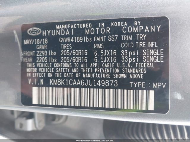 2018 HYUNDAI KONA KM8K1CAA6JU149873 Photo 8