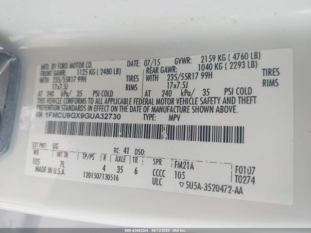 Ford 2016 2016 1FMCU9GX9GUA32730 Image 9