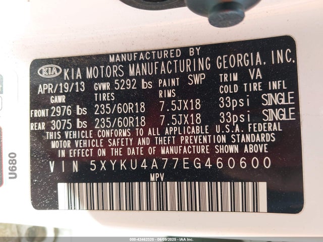 5XYKU4A77EG460600 KIA gasoline 3.3 v6 gdi lambda ii