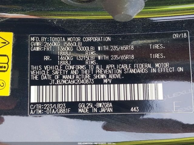 2019 LEXUS RX 350 JTJBZMCA6K2040873 Photo 8