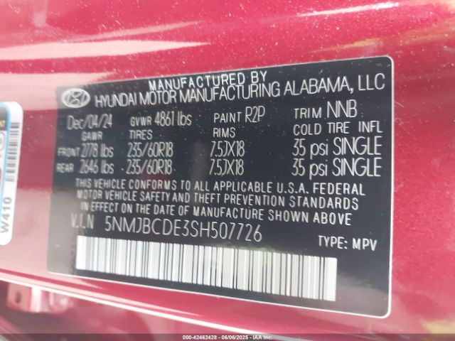 5NMJBCDE3SH507726 Hyundai TUCSON SEL