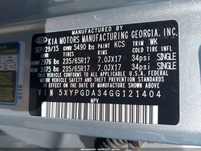 5XYPGDA34GG121404 KIA Sorento 2.4l Lx