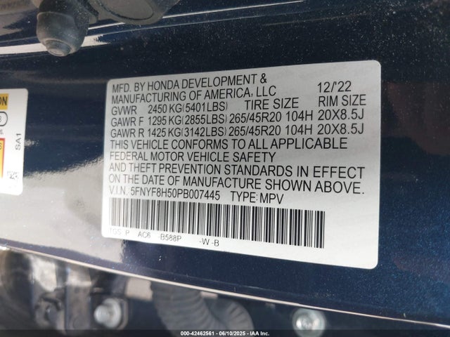 Honda j35y6 2023 5FNYF8H50PB007445 Image 9