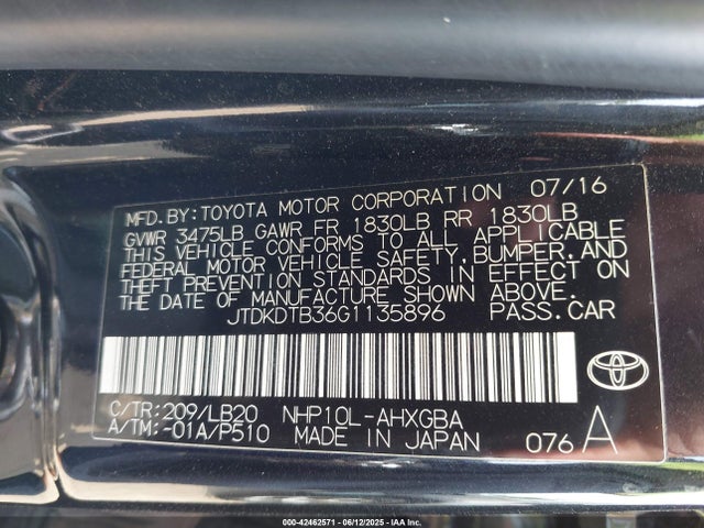 JTDKDTB36G1135896 Toyota 1nz-fxe+1lm