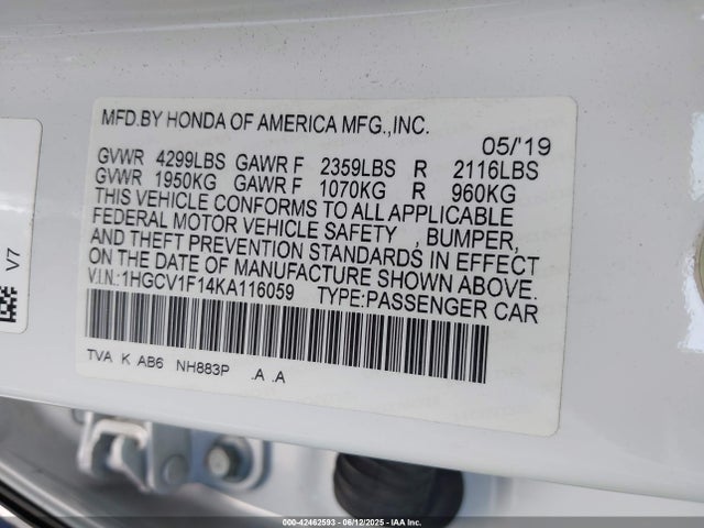 1HGCV1F14KA116059 Honda l15be