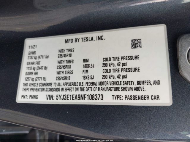 2022 TESLA MODEL 3 5YJ3E1EA9NF108373 Photo 8