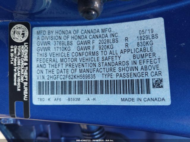 2019 HONDA CIVIC 2HGFC2F62KH569635 Photo 8