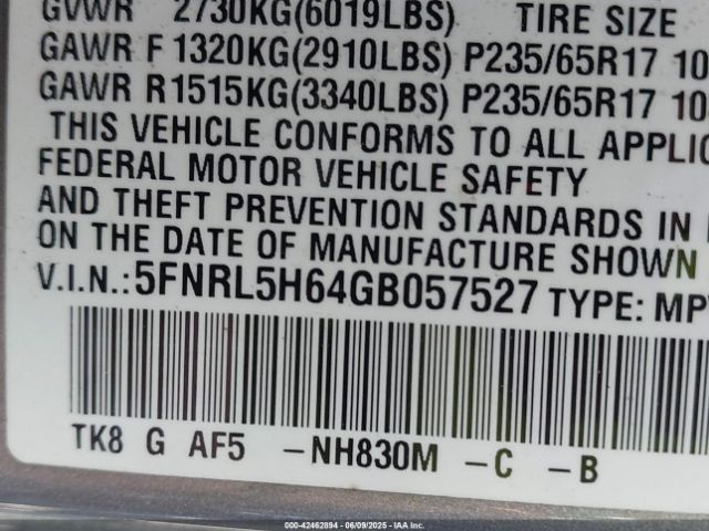 5FNRL5H64GB057527 Honda Odyssey Ex-l