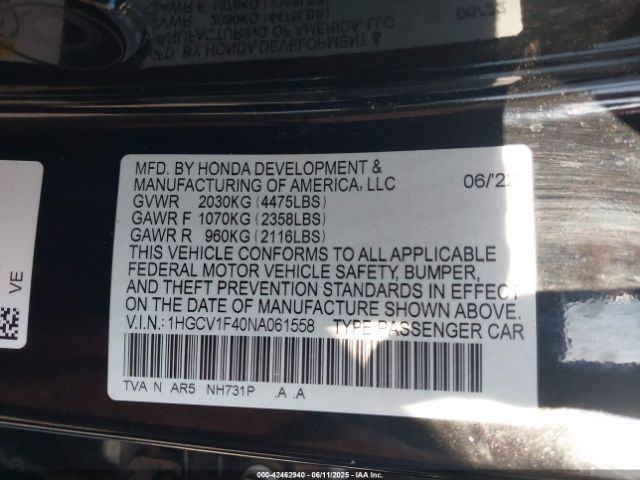 1HGCV1F40NA061558 Honda l15be