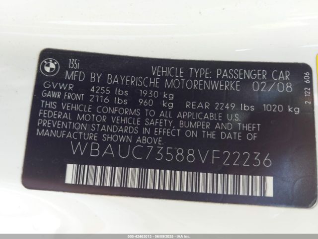 2008 BMW 135I WBAUC73588VF22236 Photo 8