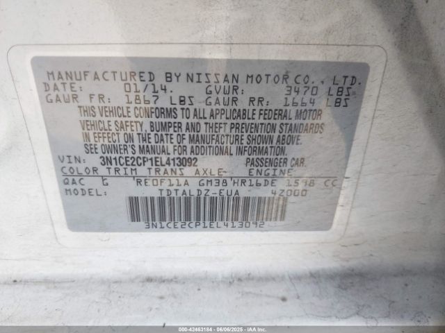 3N1CE2CP1EL413092 Nissan Versa Note Sv