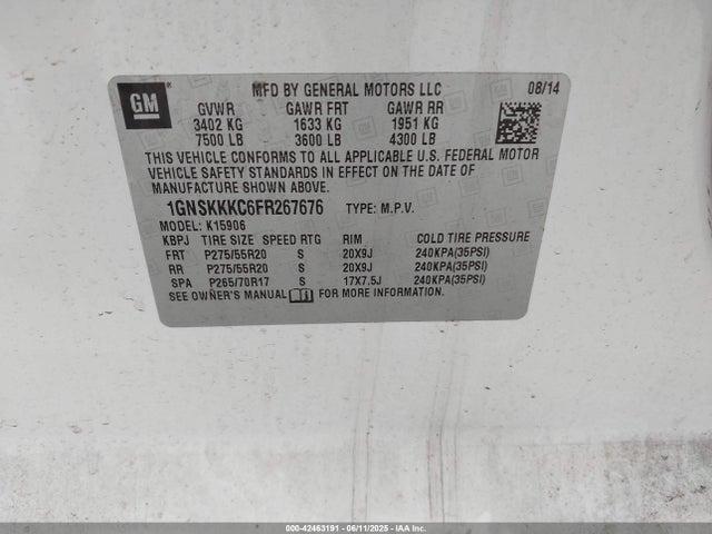 1GNSKKKC6FR267676 Chevrolet l83 - vvt, active fuel management, aluminum