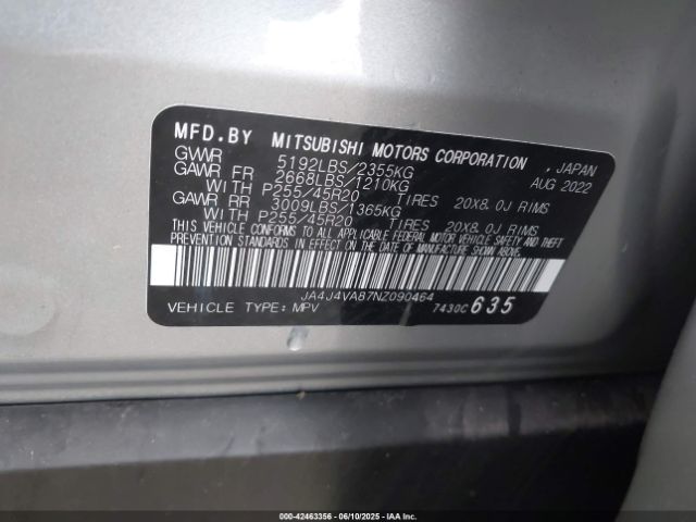 2022 MITSUBISHI OUTLANDER JA4J4VA87NZ090464 Photo 8