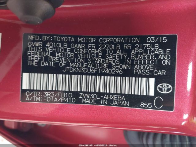 JTDKN3DU6F1940296 Toyota 2zr-fxe+3jm