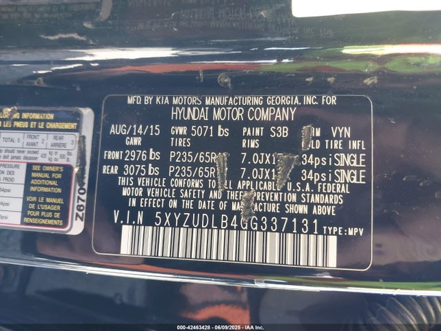 5XYZUDLB4GG337131 Hyundai gdi theta ii