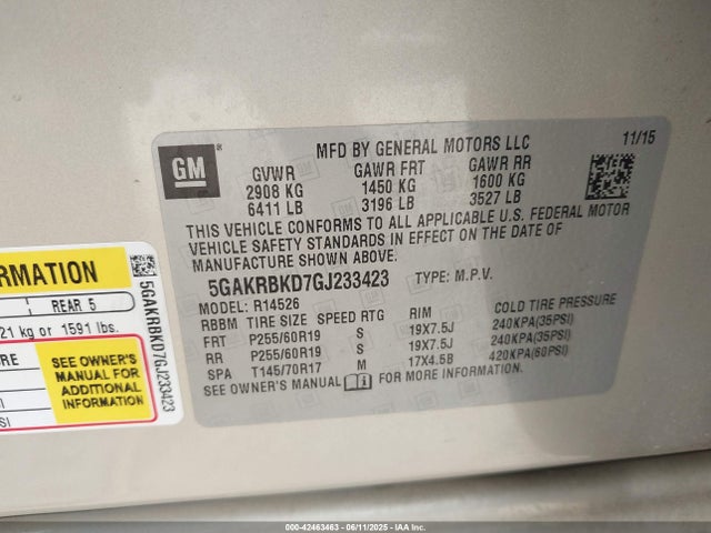 Buick llt - sidi, alum, 60 degrees 2016 5GAKRBKD7GJ233423 Image 9