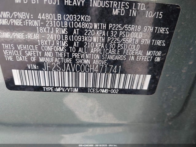 Subaru naturally aspirated u5 2016 JF2SJAVC0GH471741 Image 9