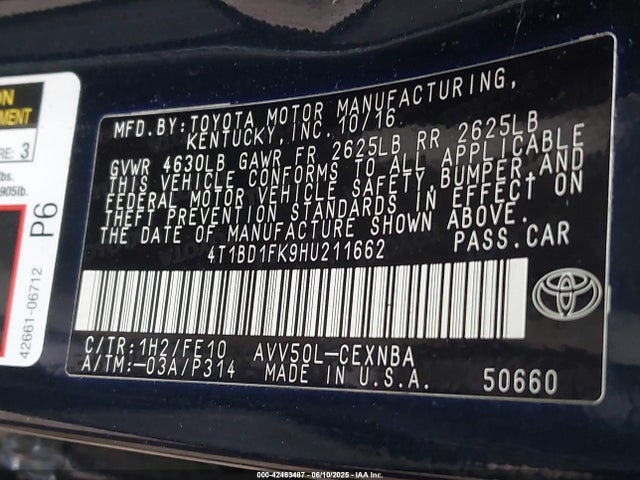 Toyota 2ar-fxe+2jm 2017 4T1BD1FK9HU211662 Image 9