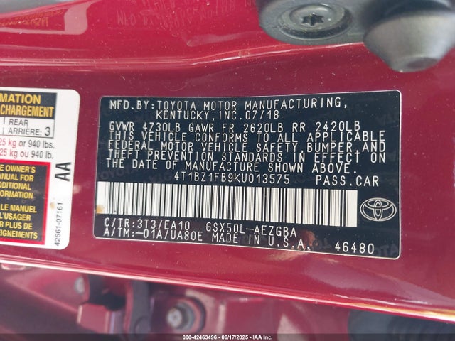 Toyota 2gr-fks 2019 4T1BZ1FB9KU013575 Image 9
