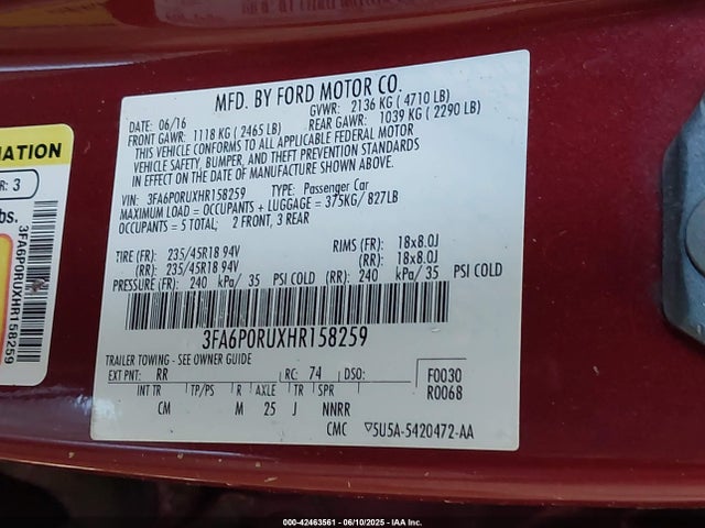 Ford 2.0l 4v atk hev 2017 3FA6P0RUXHR158259 Image 9