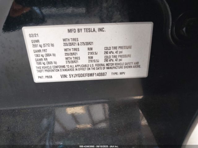 5YJYGDEF8MF140887 Tesla 2021