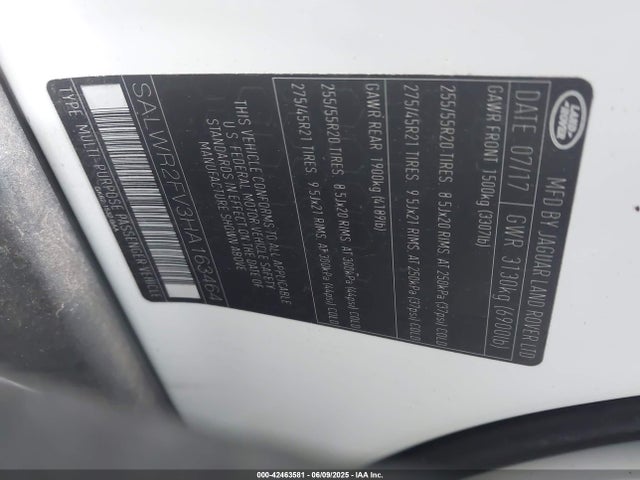 SALWR2FV3HA163464 Land Rover s/c lev3 sulev30