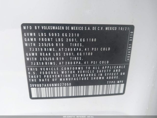 2022 VOLKSWAGEN TIGUAN 3VV8B7AX6NM027050 Photo 8