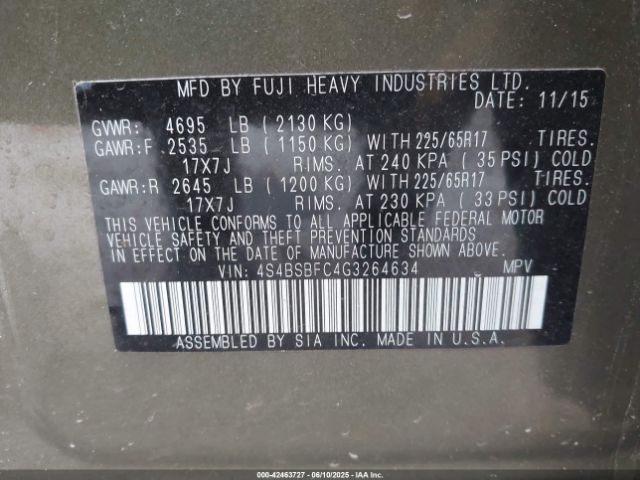 4S4BSBFC4G3264634 Subaru 2.5l u6