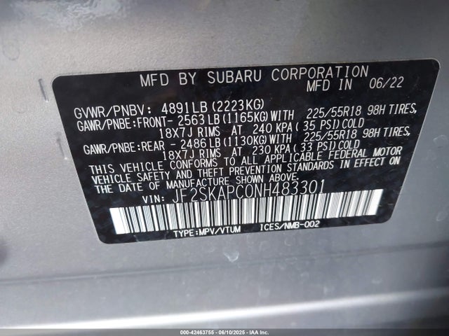 Subaru na u5 2022 JF2SKAPC0NH483301 Image 9