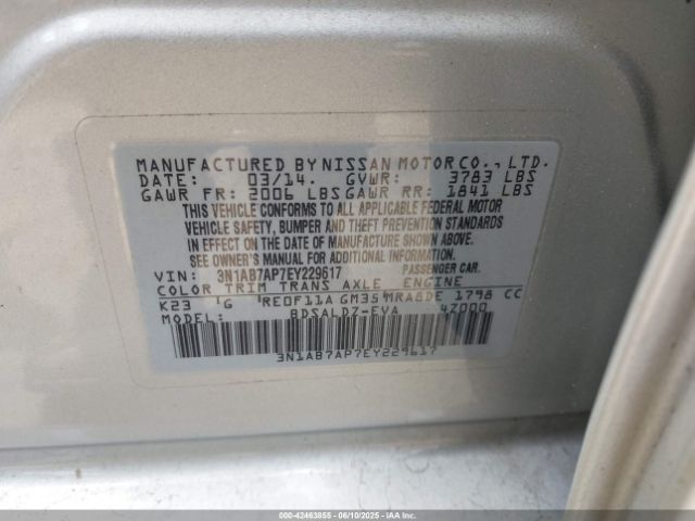 3N1AB7AP7EY229617 Nissan Sentra Fe+ S/fe+ Sv/s/sl/sr/sv